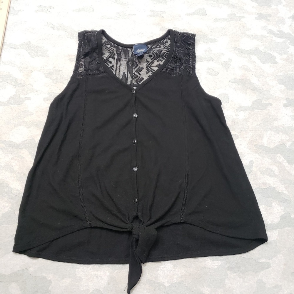 Vintage Y2k Daytrip Top Womens Large Black Button Sleeveless Sheer Front Tie